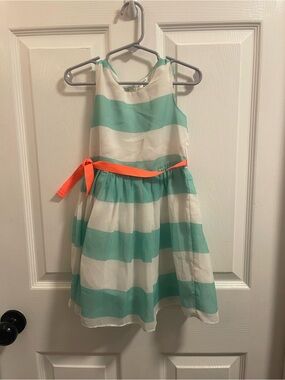 Carter's Seafoam & White Striped Dress with Coral Waist Tie